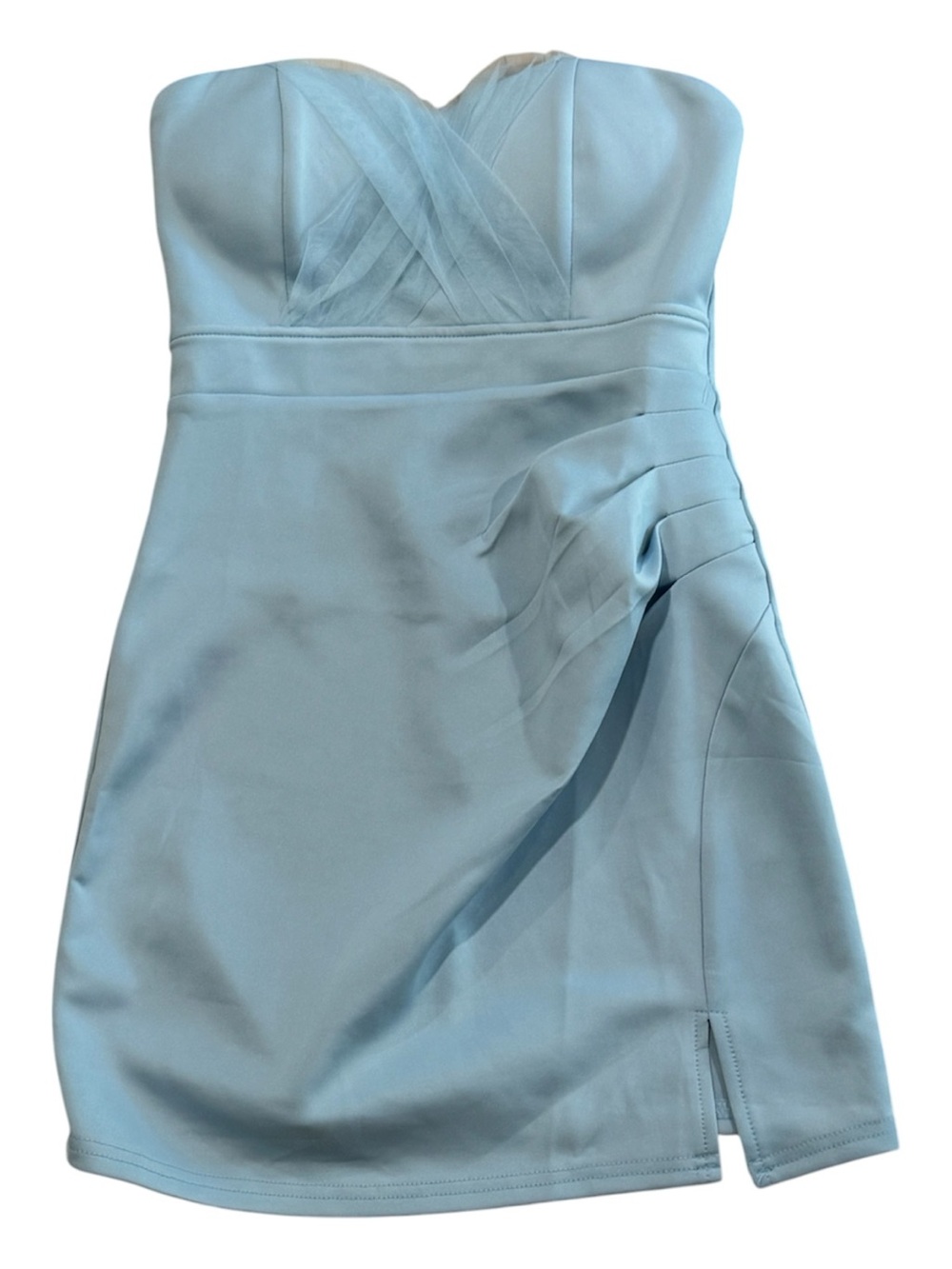 Strapless Light Blue Cocktail Dress with Draped Detail